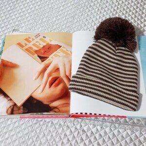 NWT Norla chocolate brown & camel tan striped beanie with knit thread pom pom